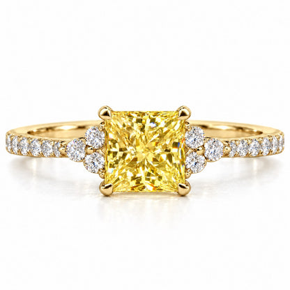 Yellow Princess Cut Lab Grown Diamond Engagement Ring - Cluster Pave Band in yellow gold, front view