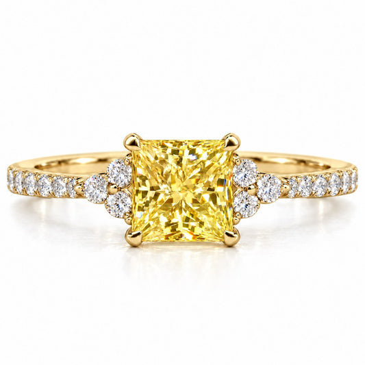 Yellow Princess Cut Lab Grown Diamond Engagement Ring - Cluster Pave Band in yellow gold, front view
