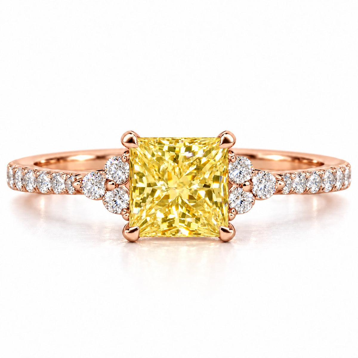 Yellow Princess Cut Lab Grown Diamond Engagement Ring - Cluster Pave Band in rose gold, front view
