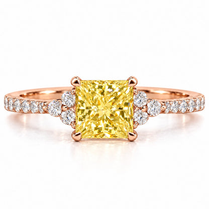 Yellow Princess Cut Lab Grown Diamond Engagement Ring - Cluster Pave Band in rose gold, front view