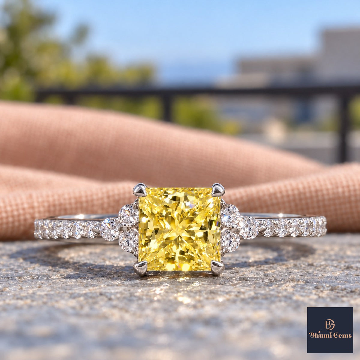 Yellow Princess Cut Lab Grown Diamond Engagement Ring - Cluster Pave Band in white gold, close-up