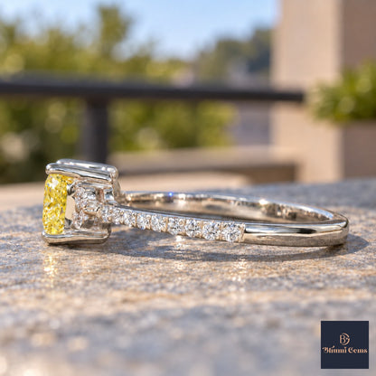 Yellow Princess Cut Lab Grown Diamond Engagement Ring - Cluster Pave Band in white gold, side view