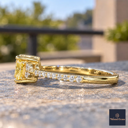 Yellow Princess Cut Lab Grown Diamond Engagement Ring - Cluster Pave Band in yellow gold, side view