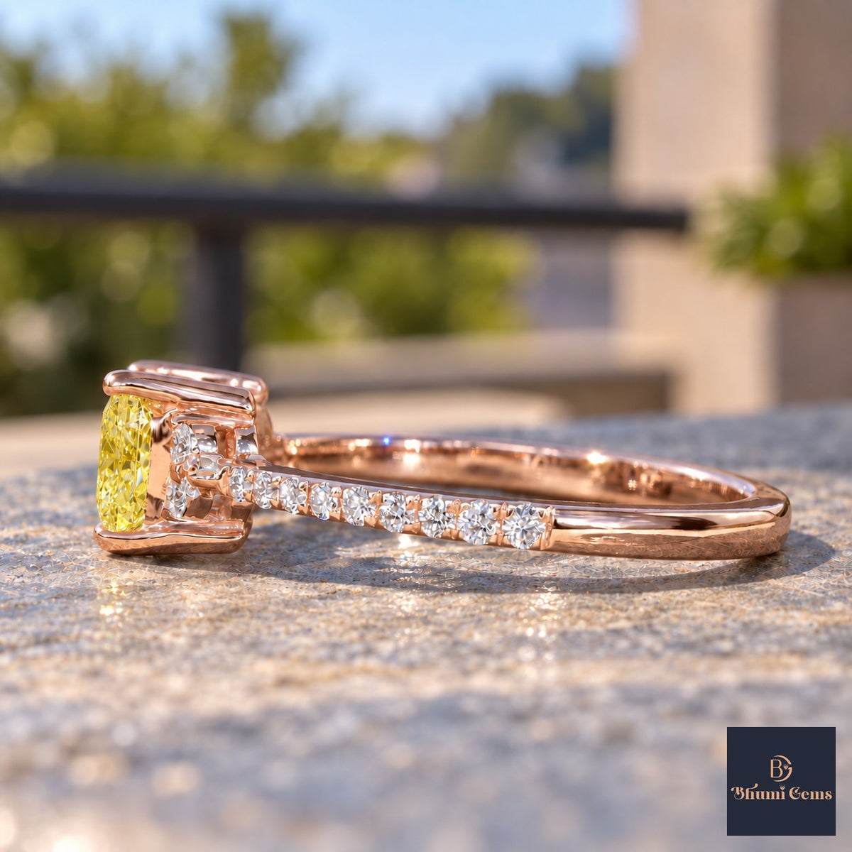 Yellow Princess Cut Lab Grown Diamond Engagement Ring - Cluster Pave Band in rose gold, side view