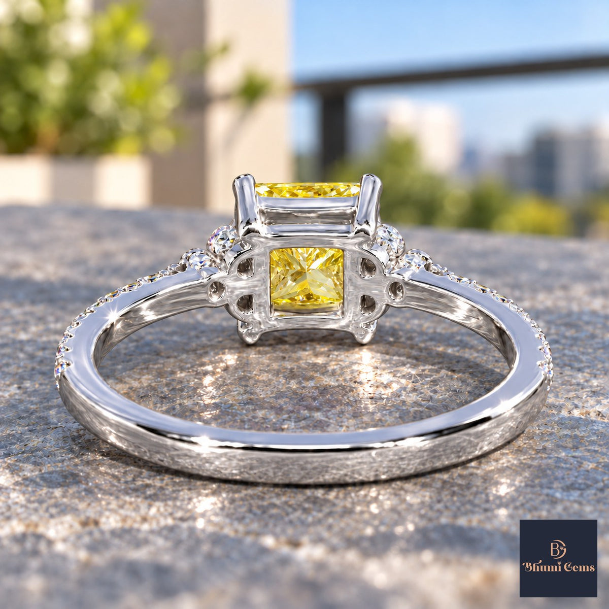 Yellow Princess Cut Lab Grown Diamond Engagement Ring - Cluster Pave Band in white gold, gallery view