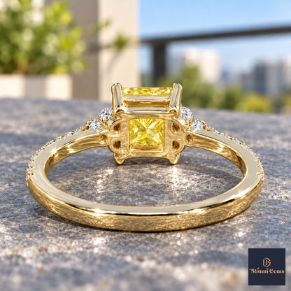 Yellow Princess Cut Lab Grown Diamond Engagement Ring - Cluster Pave Band in yellow gold, gallery view