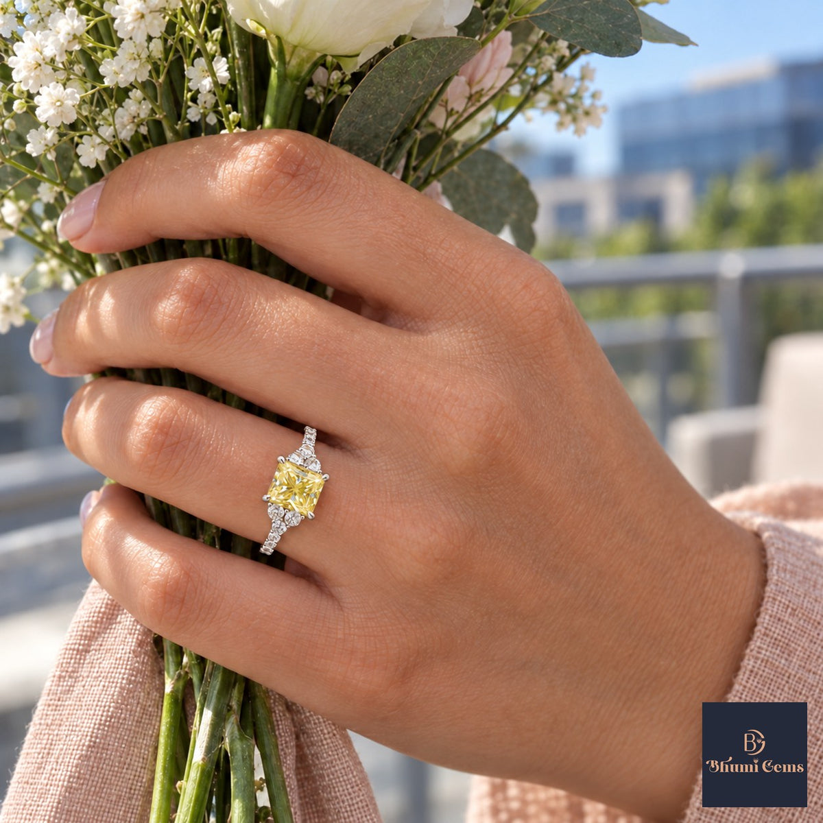 Yellow Princess Cut Lab Grown Diamond Engagement Ring - Cluster Pave Band in white gold, on the hand