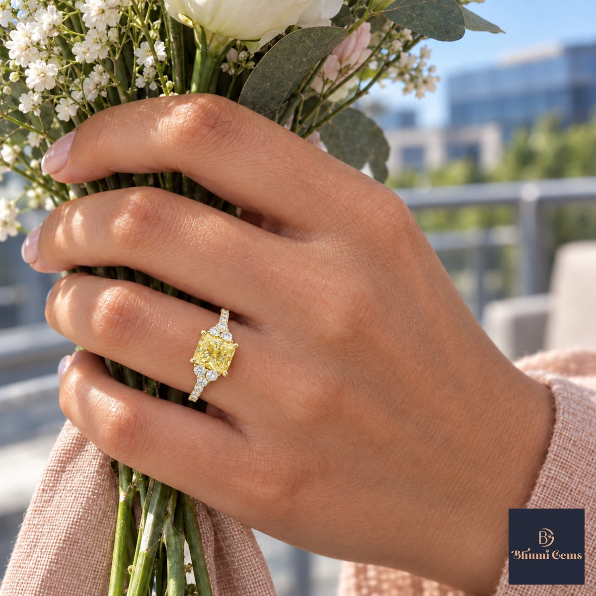Yellow Princess Cut Lab Grown Diamond Engagement Ring - Cluster Pave Band in yellow gold, on the hand