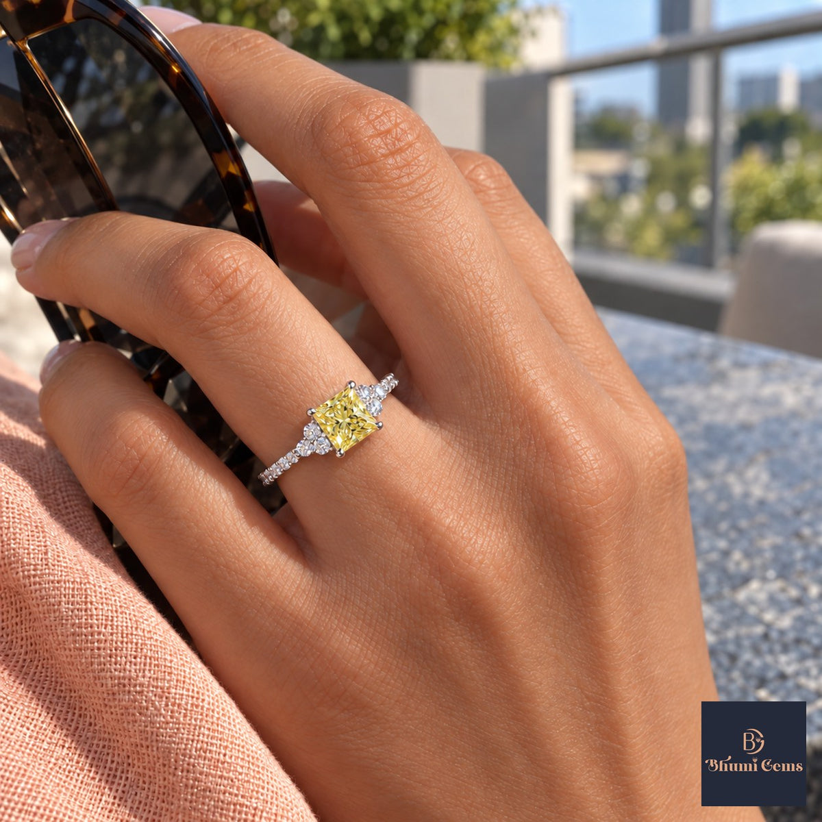 Yellow Princess Cut Lab Grown Diamond Engagement Ring - Cluster Pave Band in white gold, worn on the hand