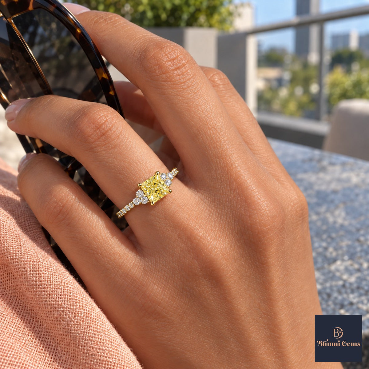 Yellow Princess Cut Lab Grown Diamond Engagement Ring - Cluster Pave Band in yellow gold, worn on the hand