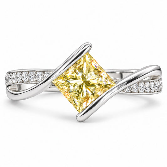Yellow Princess Cut Lab Grown Diamond Engagement Ring - Kite Set Pave Twist in white gold, front view