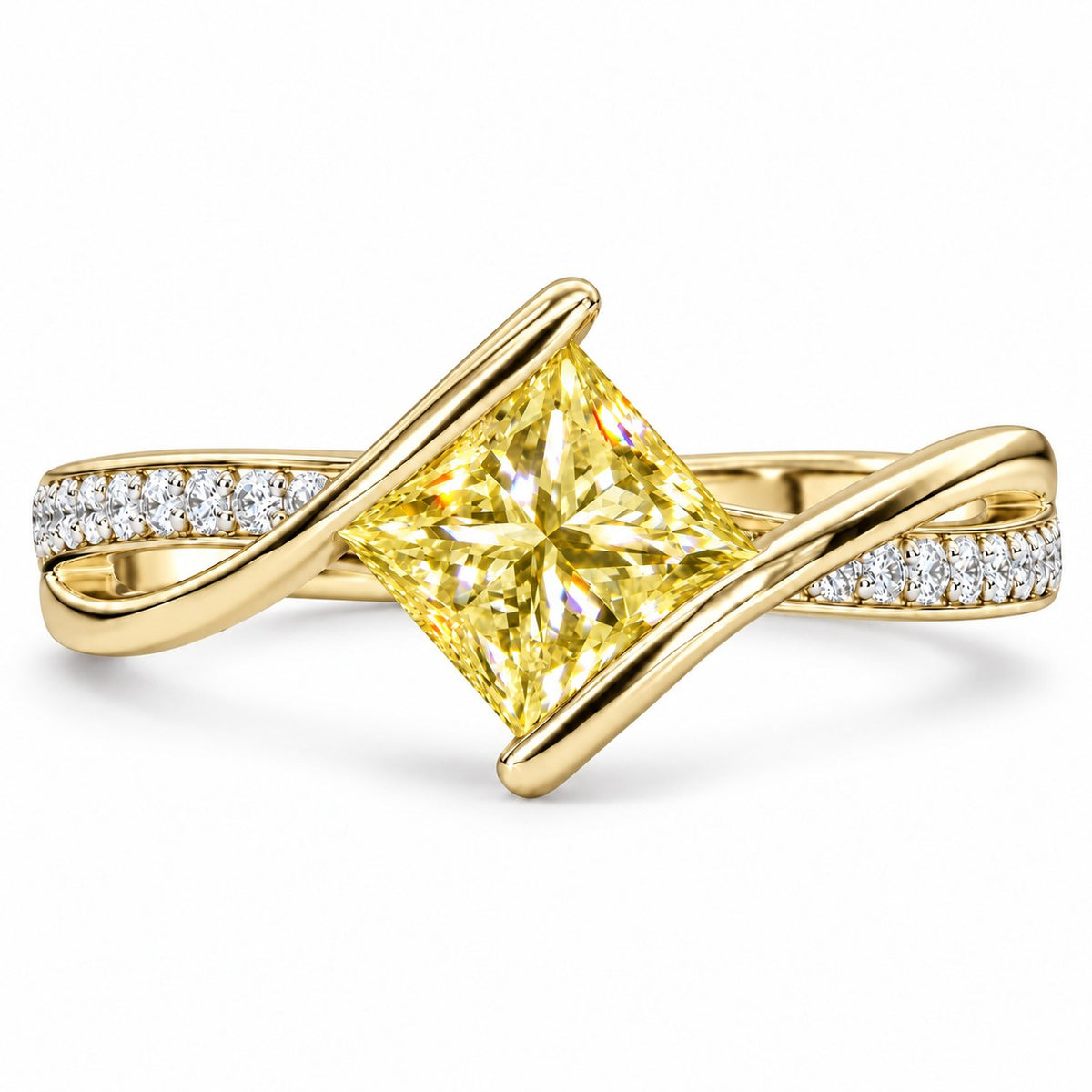 Yellow Princess Cut Lab Grown Diamond Engagement Ring - Kite Set Pave Twist in yellow gold, front view