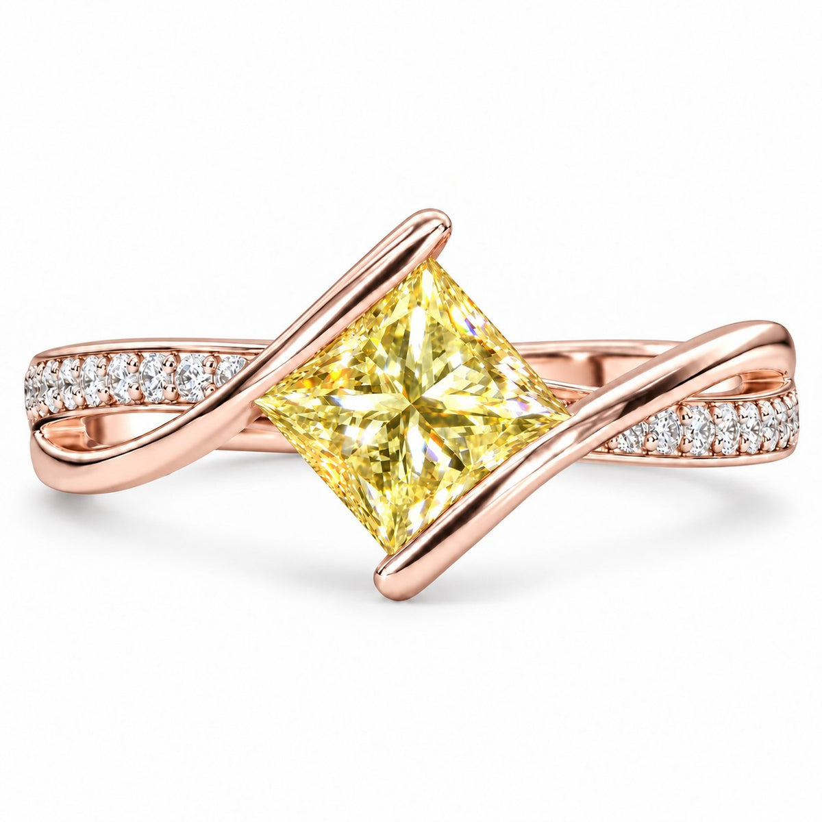 Yellow Princess Cut Lab Grown Diamond Engagement Ring - Kite Set Pave Twist in rose gold, front view