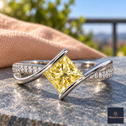 Yellow Princess Cut Lab Grown Diamond Engagement Ring - Kite Set Pave Twist in white gold, close-up