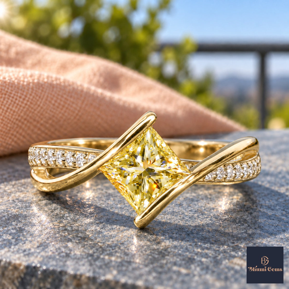 Yellow Princess Cut Lab Grown Diamond Engagement Ring - Kite Set Pave Twist in yellow gold, close-up
