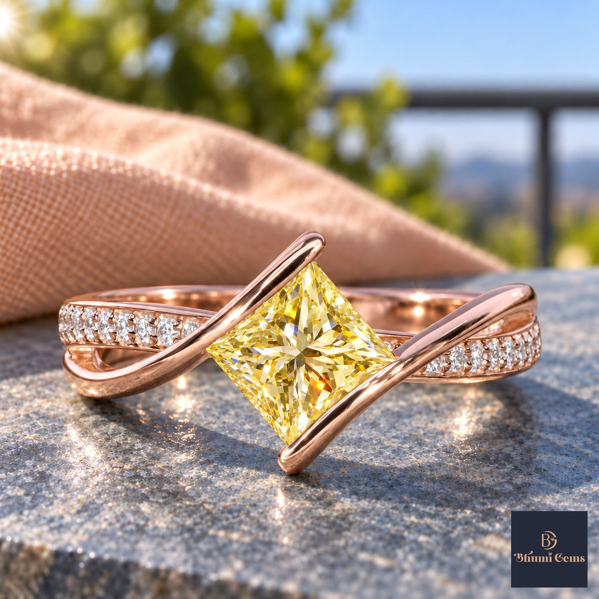 Yellow Princess Cut Lab Grown Diamond Engagement Ring - Kite Set Pave Twist in rose gold, close-up