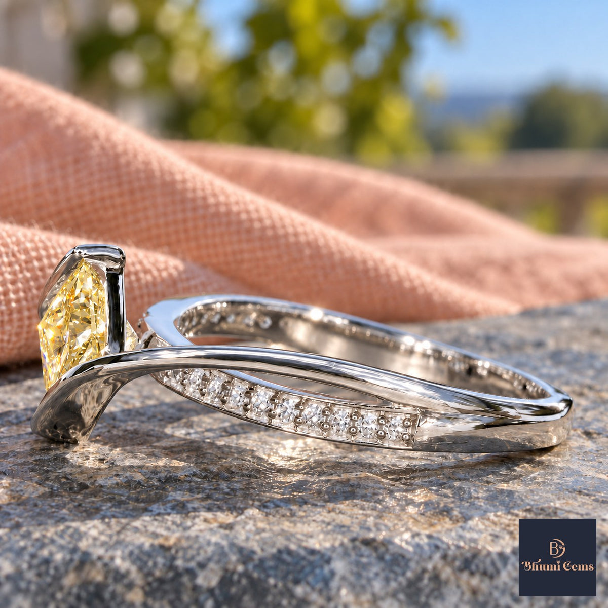 Yellow Princess Cut Lab Grown Diamond Engagement Ring - Kite Set Pave Twist in white gold, side view
