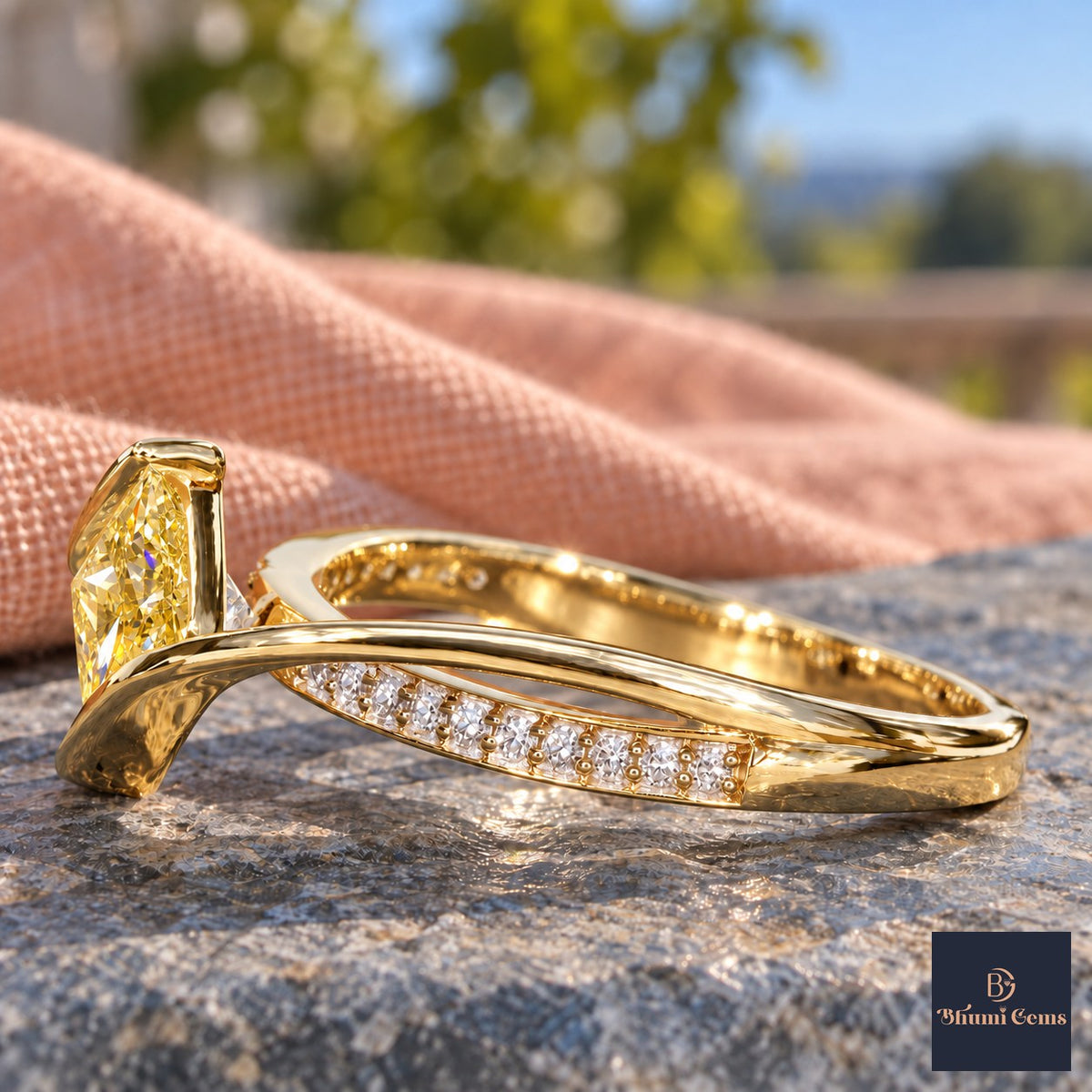 Yellow Princess Cut Lab Grown Diamond Engagement Ring - Kite Set Pave Twist in yellow gold, side view