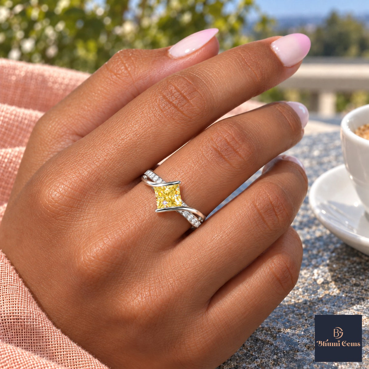Yellow Princess Cut Lab Grown Diamond Engagement Ring - Kite Set Pave Twist in white gold, on the hand