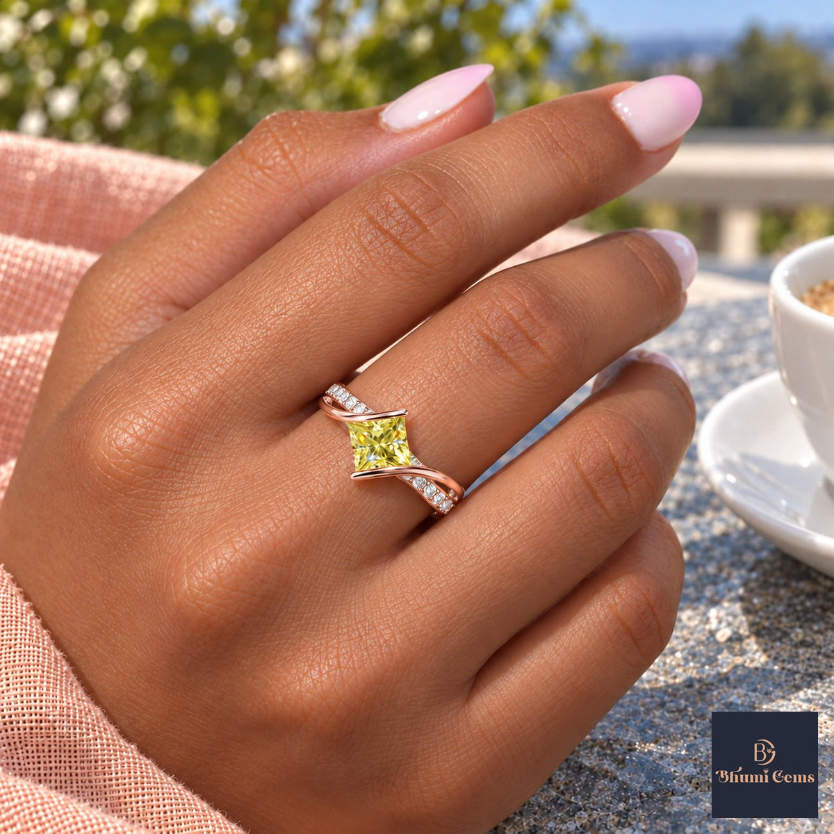 Yellow Princess Cut Lab Grown Diamond Engagement Ring - Kite Set Pave Twist in rose gold, on the hand