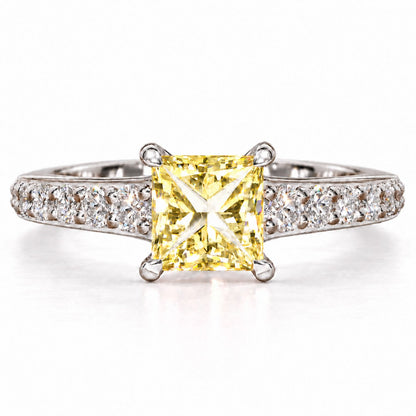 Yellow Princess Cut Lab Grown Diamond Engagement Ring - Pave Band in white gold, front view
