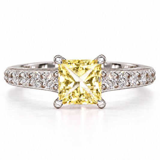 Yellow Princess Cut Lab Grown Diamond Engagement Ring - Pave Band in white gold, front view