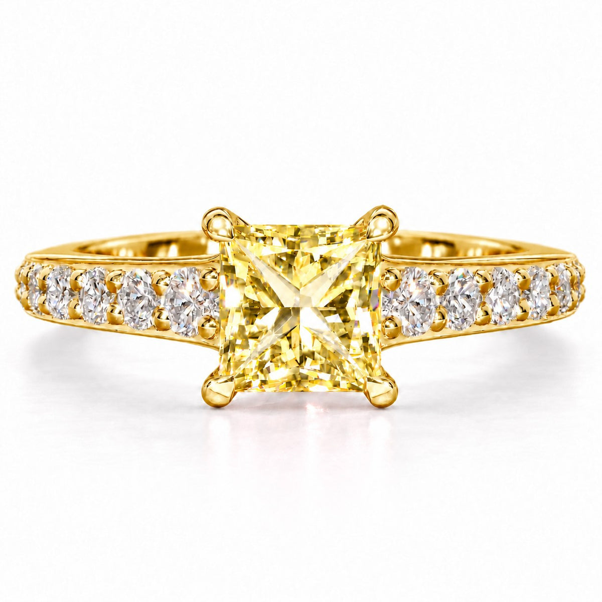 Yellow Princess Cut Lab Grown Diamond Engagement Ring - Pave Band in yellow gold, front view