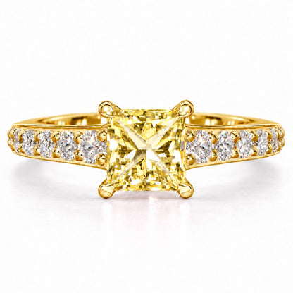 Yellow Princess Cut Lab Grown Diamond Engagement Ring - Pave Band in yellow gold, front view