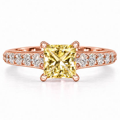 Yellow Princess Cut Lab Grown Diamond Engagement Ring - Pave Band in rose gold, front view