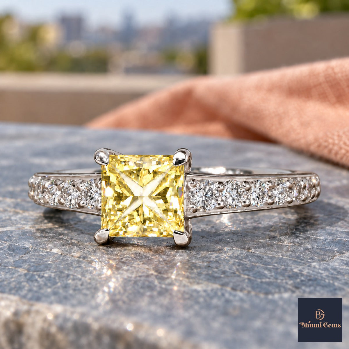 Yellow Princess Cut Lab Grown Diamond Engagement Ring - Pave Band in white gold, close-up