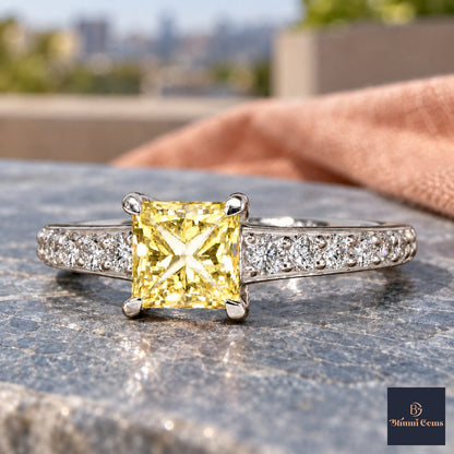 Yellow Princess Cut Lab Grown Diamond Engagement Ring - Pave Band in white gold, close-up