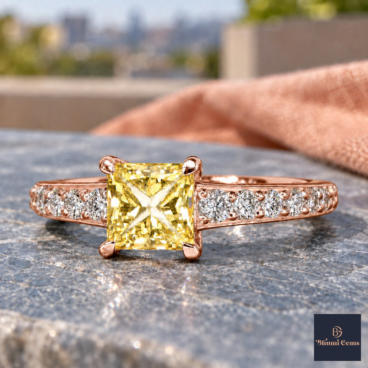Yellow Princess Cut Lab Grown Diamond Engagement Ring - Pave Band in rose gold, close-up