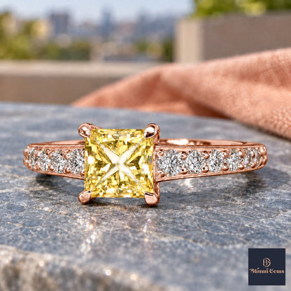 Yellow Princess Cut Lab Grown Diamond Engagement Ring - Pave Band in rose gold, close-up