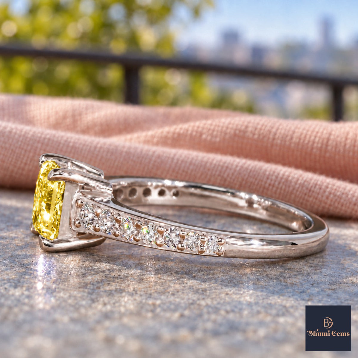 Yellow Princess Cut Lab Grown Diamond Engagement Ring - Pave Band in white gold, side view