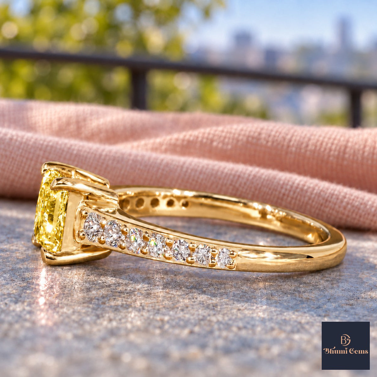 Yellow Princess Cut Lab Grown Diamond Engagement Ring - Pave Band in yellow gold, side view