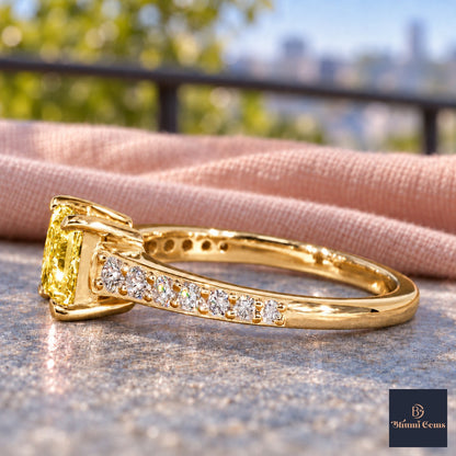 Yellow Princess Cut Lab Grown Diamond Engagement Ring - Pave Band in yellow gold, side view