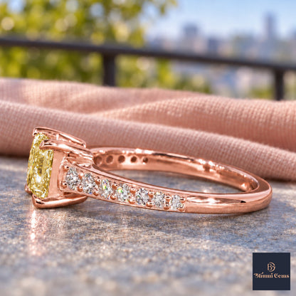 Yellow Princess Cut Lab Grown Diamond Engagement Ring - Pave Band in rose gold, side view