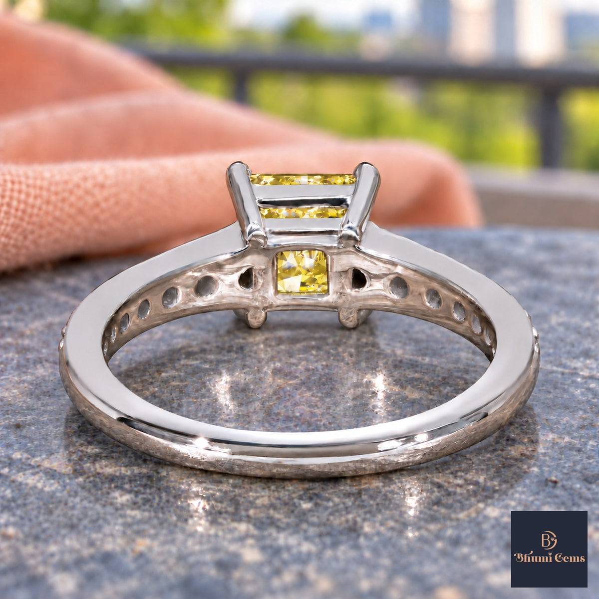 Yellow Princess Cut Lab Grown Diamond Engagement Ring - Pave Band in white gold, gallery view