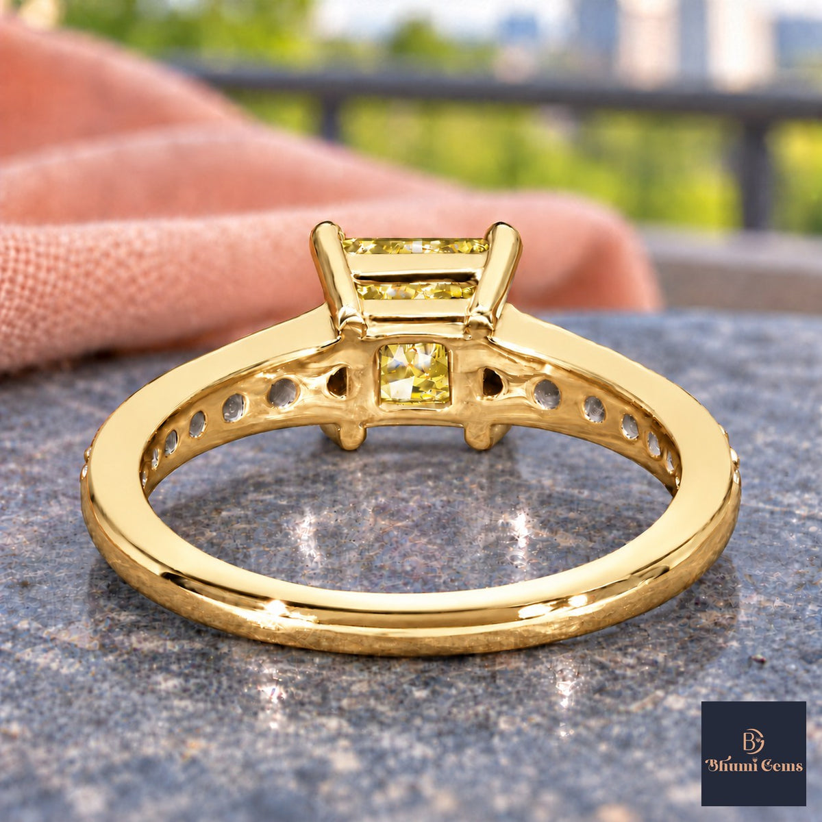 Yellow Princess Cut Lab Grown Diamond Engagement Ring - Pave Band in yellow gold, gallery view