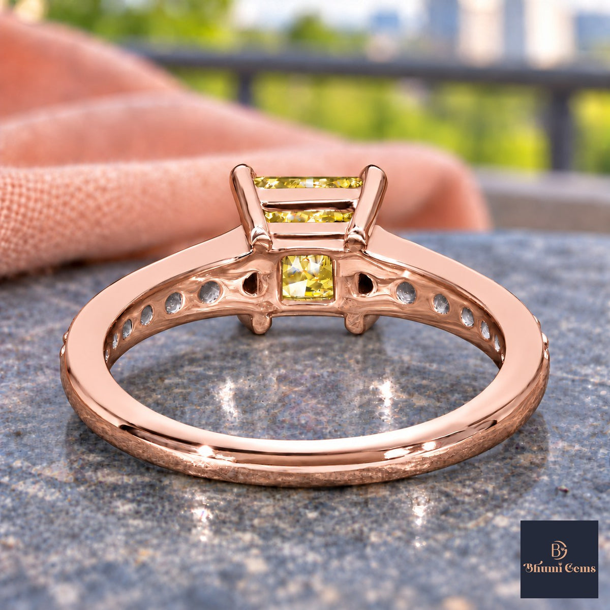 Yellow Princess Cut Lab Grown Diamond Engagement Ring - Pave Band in rose gold, gallery view