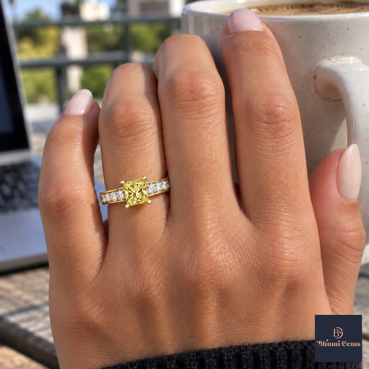 Yellow Princess Cut Lab Grown Diamond Engagement Ring - Pave Band in yellow gold, on the hand
