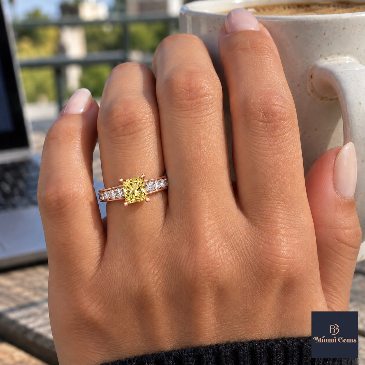 Yellow Princess Cut Lab Grown Diamond Engagement Ring - Pave Band in rose gold, on the hand