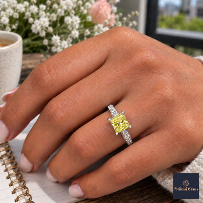 Yellow Princess Cut Lab Grown Diamond Engagement Ring - Pave Band in white gold, worn on the hand
