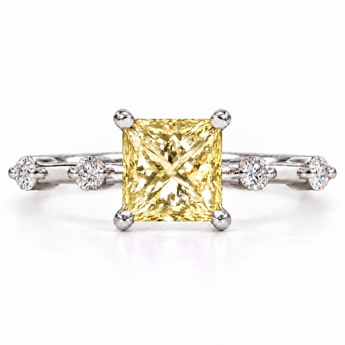 Yellow Princess Cut Lab Grown Diamond Engagement Ring - Station Band in white gold, front view