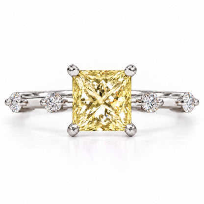 Yellow Princess Cut Lab Grown Diamond Engagement Ring - Station Band in white gold, front view