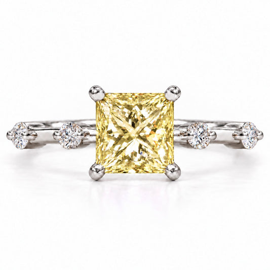 Yellow Princess Cut Lab Grown Diamond Engagement Ring - Station Band in white gold, front view