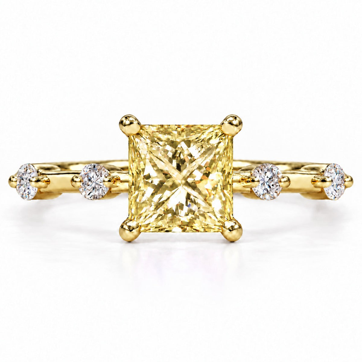 Yellow Princess Cut Lab Grown Diamond Engagement Ring - Station Band in yellow gold, front view