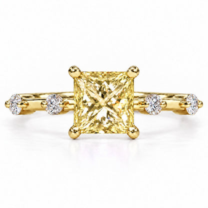Yellow Princess Cut Lab Grown Diamond Engagement Ring - Station Band in yellow gold, front view