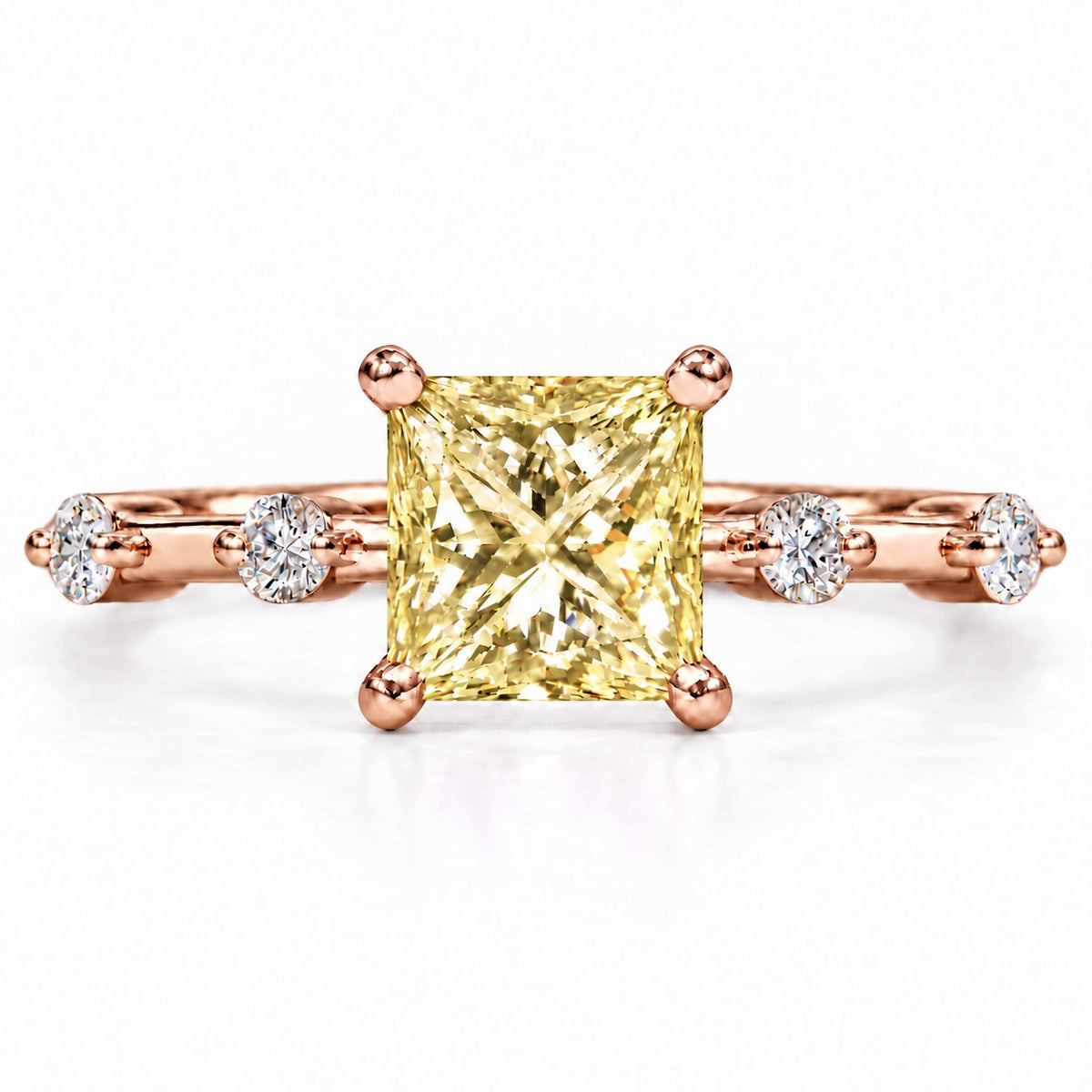 Yellow Princess Cut Lab Grown Diamond Engagement Ring - Station Band in rose gold, front view
