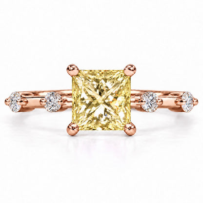Yellow Princess Cut Lab Grown Diamond Engagement Ring - Station Band in rose gold, front view